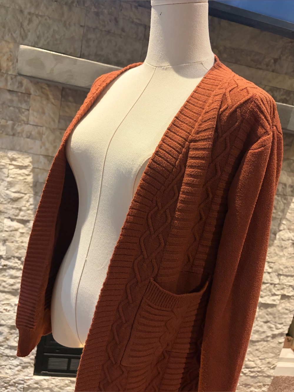 Rust/Brown Cable-Knit Open Cardigan Sweater - Women